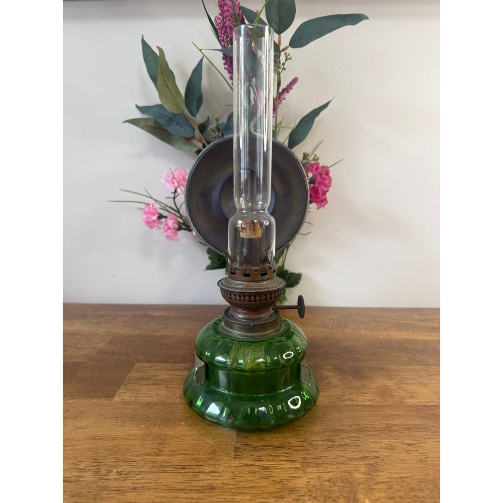 Antique Green Glass Finger Oil Lamp Likely Kosmos Brenner Style Reflector Decor